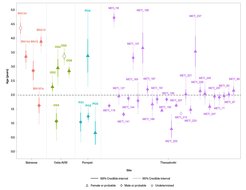 Abbildung 1: Geschätztes Stillabbruchalter für Personen aus Bainesse, dem ländlichen Gebiet von Ostia (AVM), Pompeji und Thessaloniki bei 68 % und 95 % Glaubwürdigkeitsbereich.