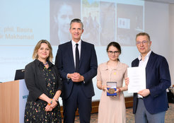 Dr. Basira Mir Makhamad received the 2024 Otto Hahn Medal in a ceremony on 25 June 2025. Pictured from left to right: Prof. Asli Özyürek, Vice President Christian Doeller, Dr. Basira Mir Makhamad, Human Sciences Section Chair Arno Villringer
