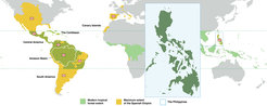 Map of the Spanish Empire around 1800 relative to the modern extent of tropical forests including a zoomed in view of the Philippine Archipelago