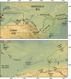 Location of the study area in northwestern China. (a) Extent of Qin and Han Great Wall segments across northern China. (b) Site locations in Gansu and Xinjiang: (1) Han Dynasty Great Wall segment; (2) Beacon tower near Site 1; (3) Beacon tower near Guazhou town; (4) Xijiandun Beacon Tower; (5) Cang Ting Sui Beacon Tower at Yumenguan; (6) Great Wall Heritage Site; (7) Majuanwan Great Wall segments; (8) Milan Castle Heritage Site; (9) Buddha Tower, south end of the Yingpan City Heritage Site; (10) City wall, north end