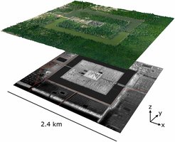 An oblique view of Angkor Wat and its immediate environs. Upper layer: Digital orthophoto mosaic, with elevation derived from the lidar digital surface model at 1-m resolution. Lower layer: extruded lidar digital terrain model, with 0.5-m resolution and 2× vertical exaggeration.
