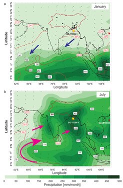 Modern rainfall variability over South Asia: (A) January and (B) July