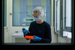 Barbara Huber working in the Biochemistry clean lab.