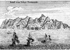 Engraving of Robinson Crusoe Island, part of the Juan Fernández Islands. Johann Ludwig Gottfried (1631) “Newe Welt Vnd Americanische Historien”, Frankfurt am Main: Durch Mattheum Merian/Buchhändlern vnd Kunst, p. 26.