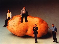 Scientists of the Max Planck Institute for Breeding Research pose with a giant potato in this photomontage symbolising the possibilities of genetic engineering for the popular magazine "Bild der Wissenschaft", 1984. Courtesy of the Archive of the Max Planck Society (VI. Abt., Rep. 1, Schell, Jozef II/11)